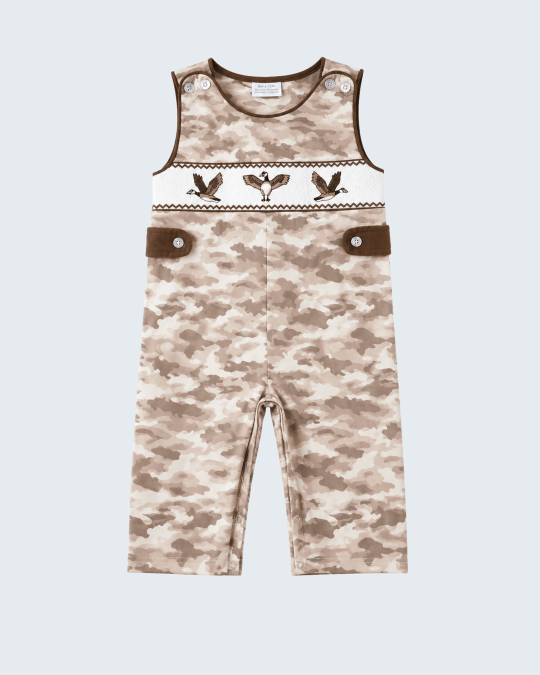 Duck Smocked Camo Jon Jon on light grey background