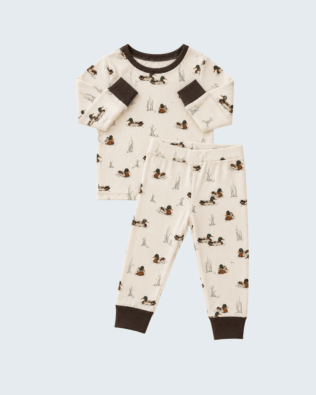 Ribbed bamboo cozy set in cream with duck print, short-sleeve top and pants