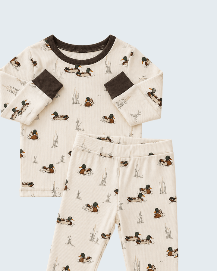 Duck-printed bamboo cozy set, cream pajama top with ribbed neckline and matching pants