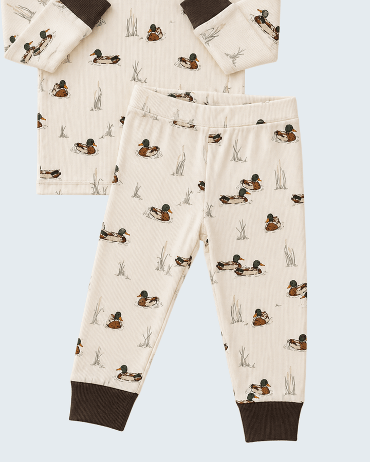 Duck print bamboo pajama pants with ribbed cuffs, part of matching cozy set top
