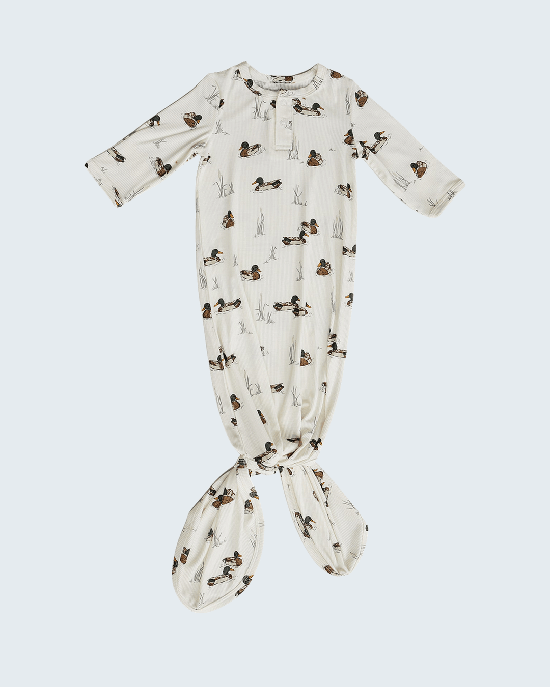 Ribbed bamboo knot gown, cream with duck print and knotted cuffs