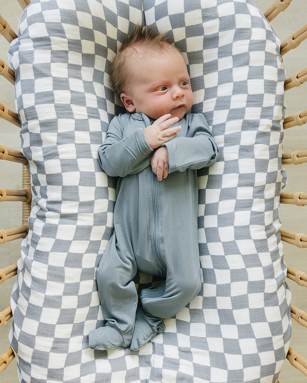Dusty blue footed zipper romper for baby, long sleeves, front zipper