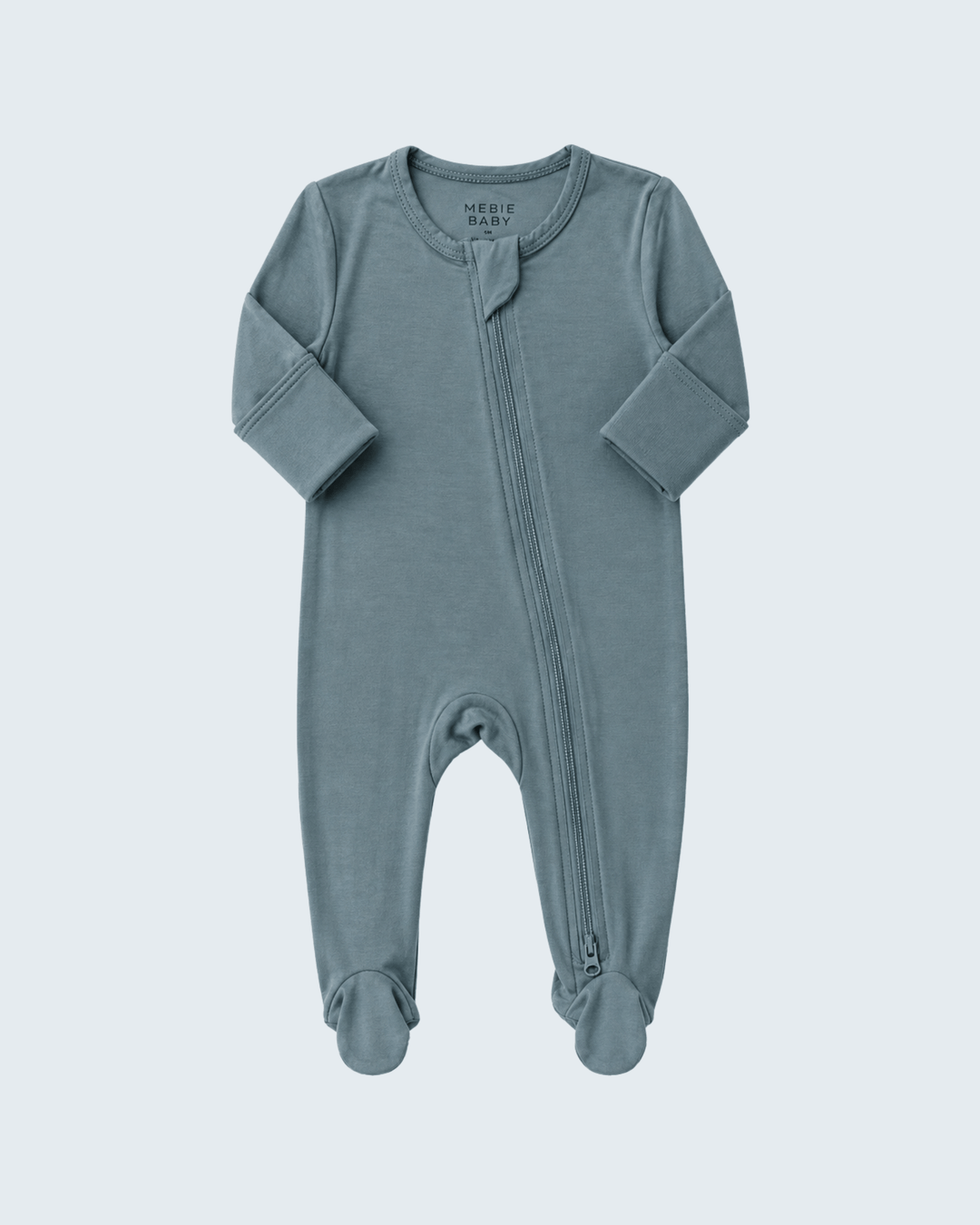 Dusty blue bamboo footed zipper romper with long sleeves and covered center-front zip