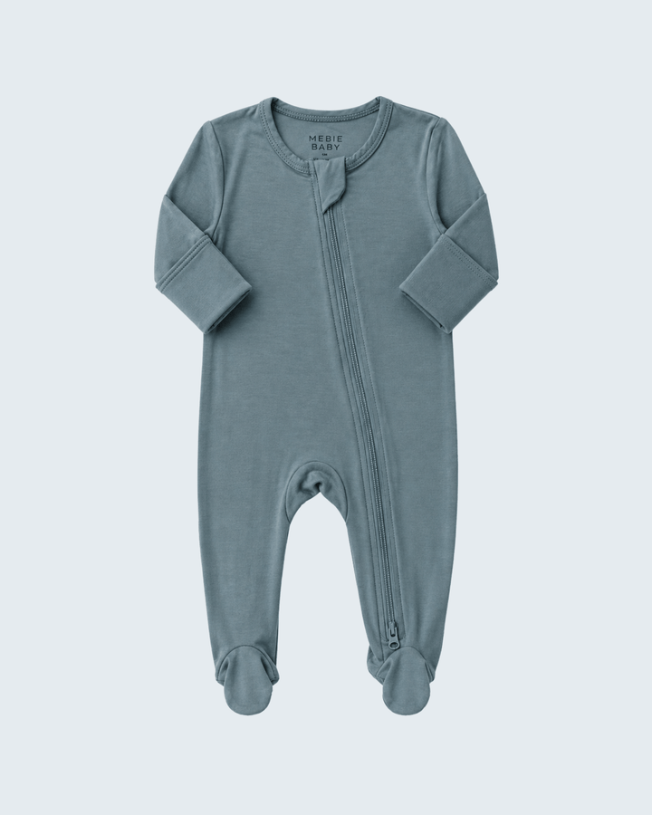 Dusty blue bamboo footed zipper romper with long sleeves and covered center-front zip