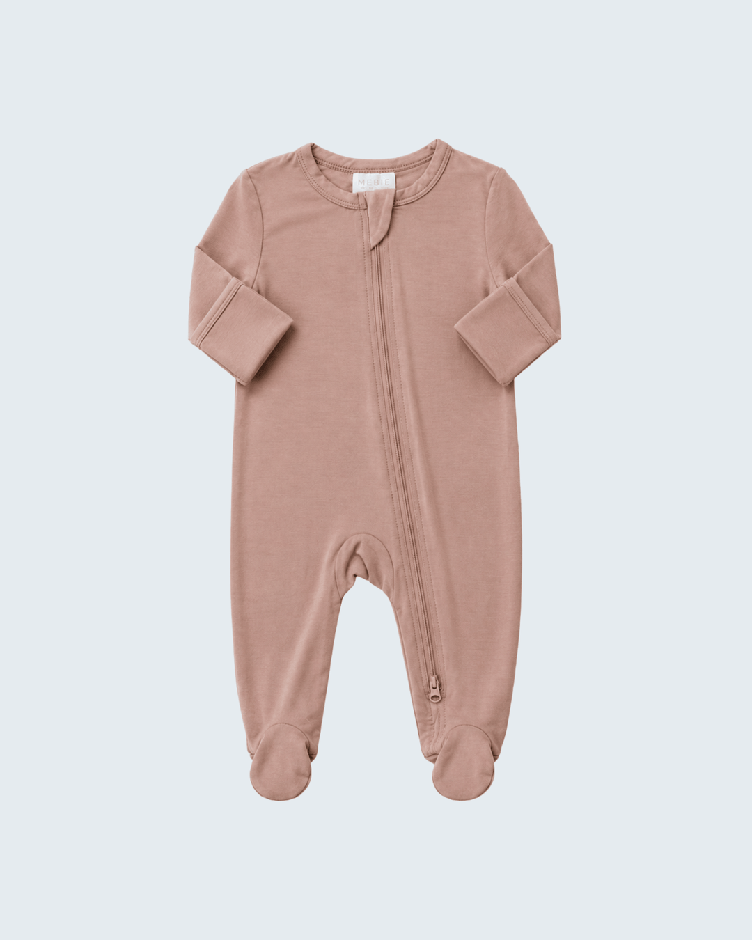 Dusty rose bamboo footed zipper romper with long sleeves and front zip
