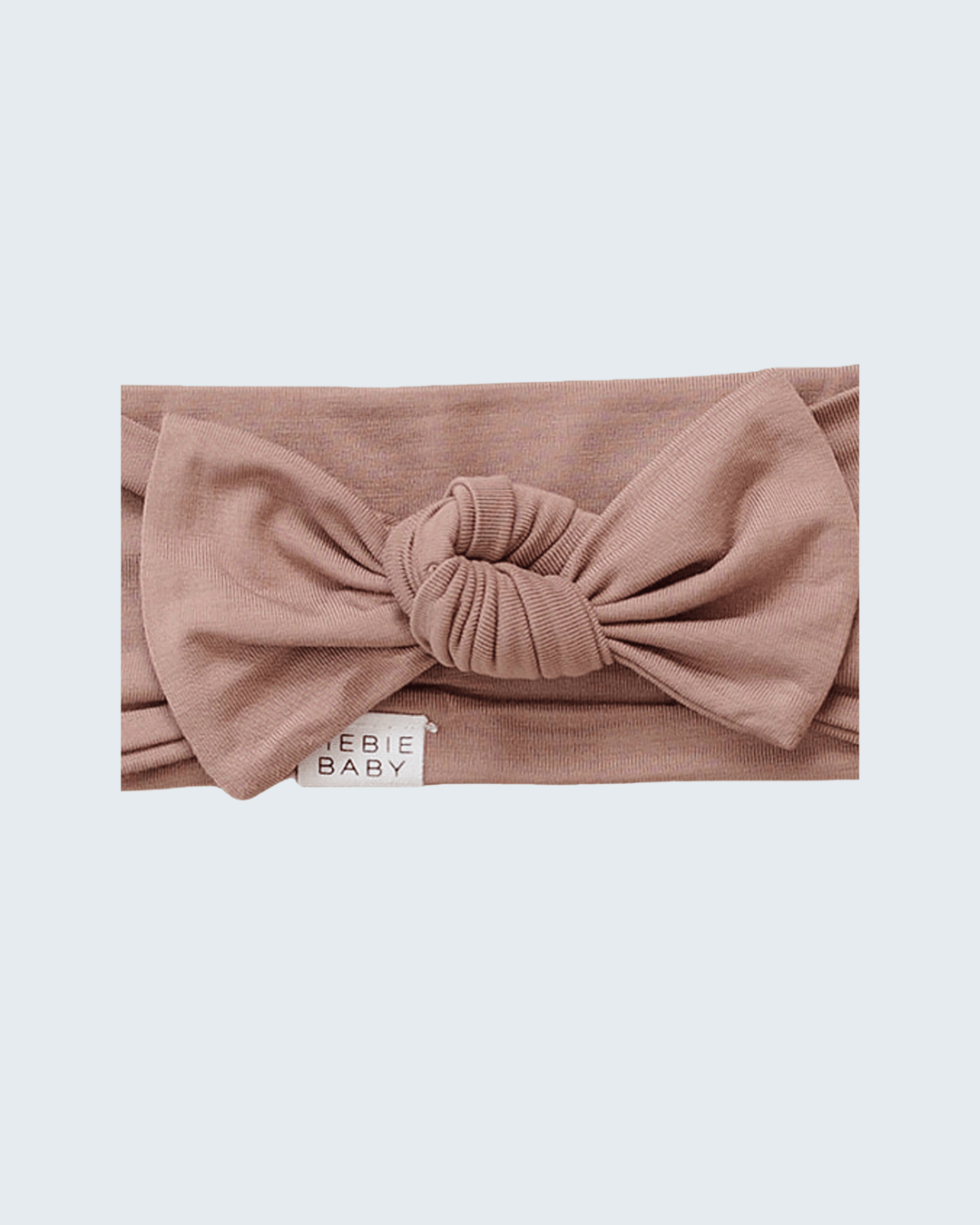 Dusty rose bamboo head wrap with center knot, soft stretch fabric, THEBIE BABY label