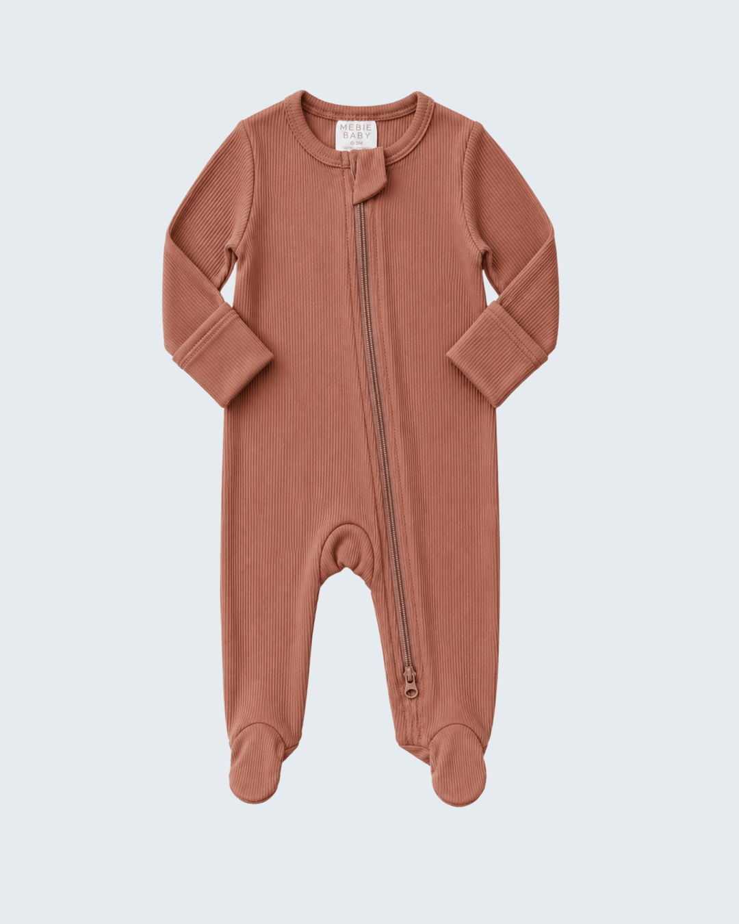 Dusty rose ribbed organic cotton zipper romper with snap neck tab and footed legs
