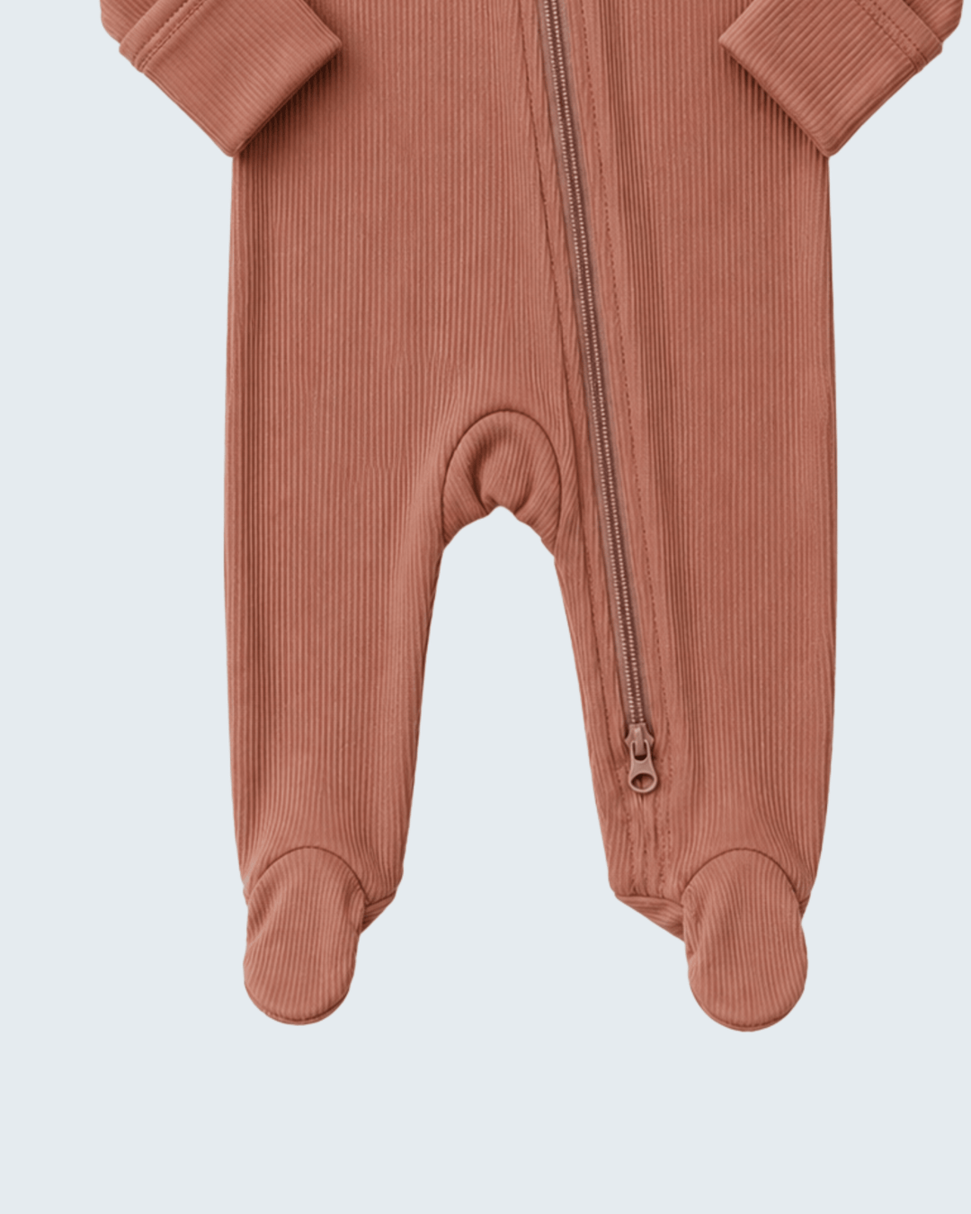 Dusty rose ribbed footed romper with vertical zipper and cuffs at ankles