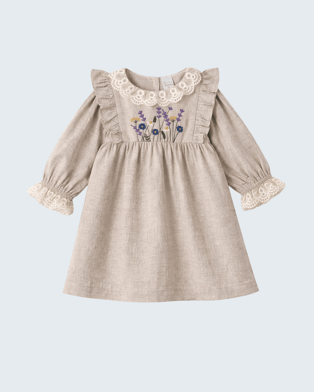 Beige linen A-line dress with embroidered wildflowers and lace-trim yoke