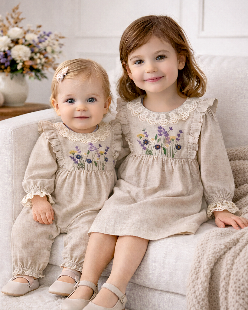 Beige linen dress with wildflower embroidery and lace trim, puff sleeves