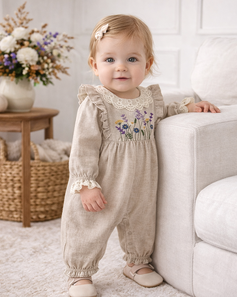Beige linen romper with wildflower embroidery, lace-trimmed neckline and cuffs