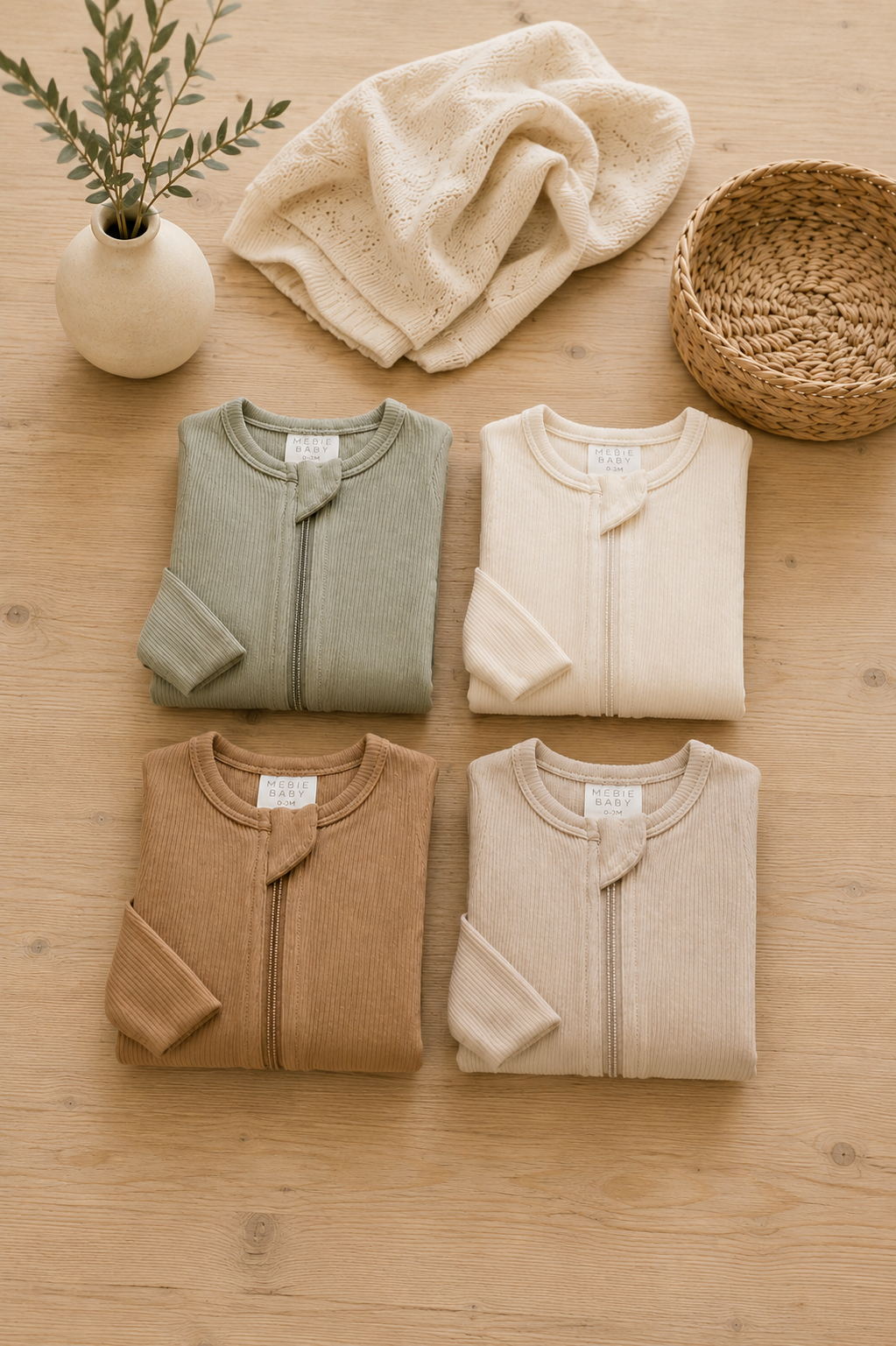 Four folded knit zip-front baby garments in muted sage green, cream, camel, and light beige are arranged on a light wood surface with a small vase of greenery and a woven basket nearby.