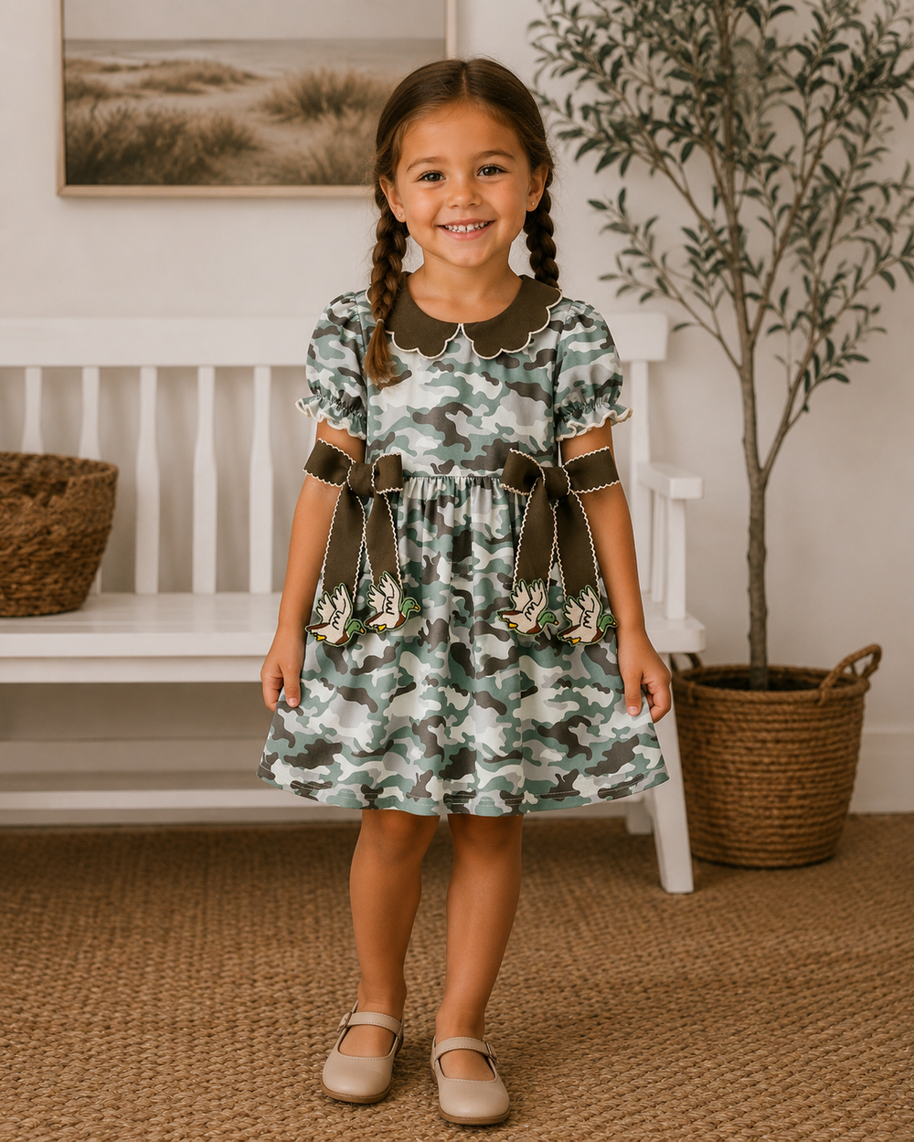 Camouflage bow puff-sleeve twirl dress on child, scalloped brown neckline and waist ties