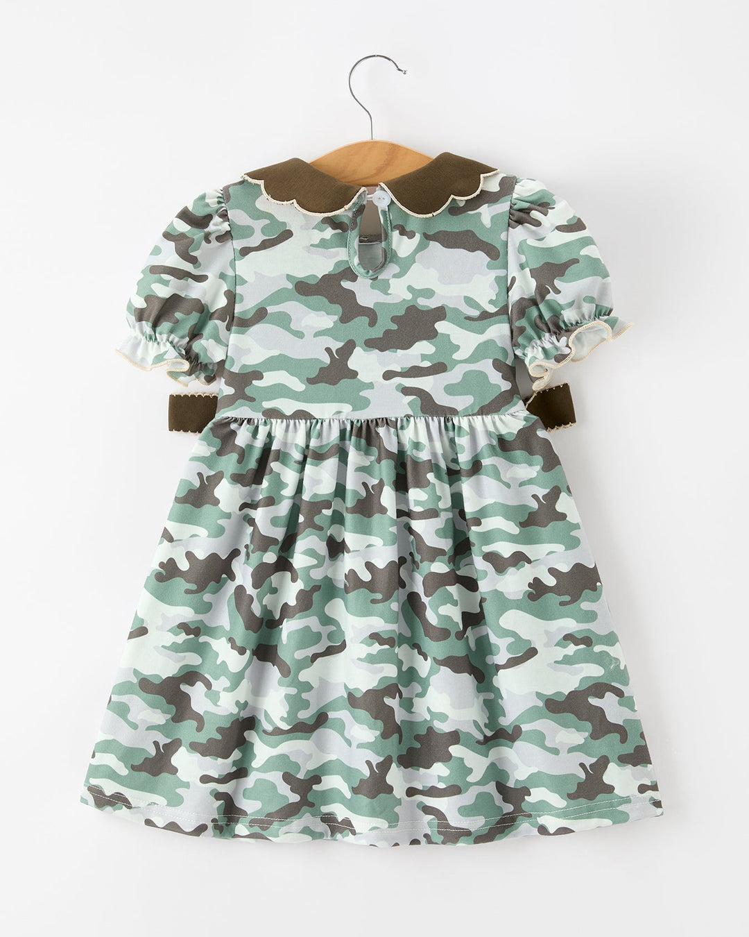 Girls camo puff-sleeve twirl dress with brown scalloped yoke and keyhole back