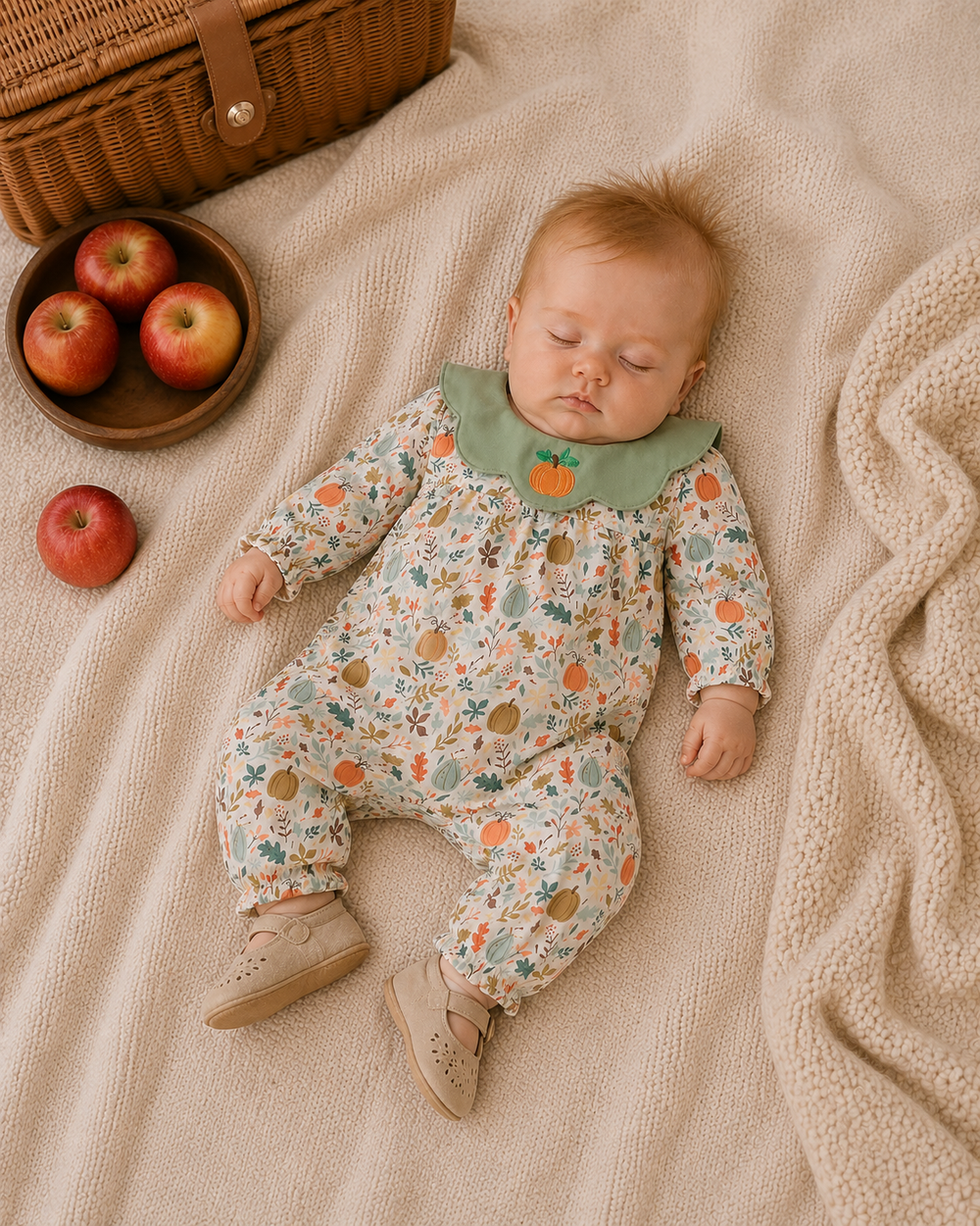 A sleeping baby lies on a beige blanket wearing a long-sleeve floral romper with a green bib collar. The scene includes a wicker picnic basket, a bowl of red apples, and a knitted cream throw, creating a styled lifestyle setup.