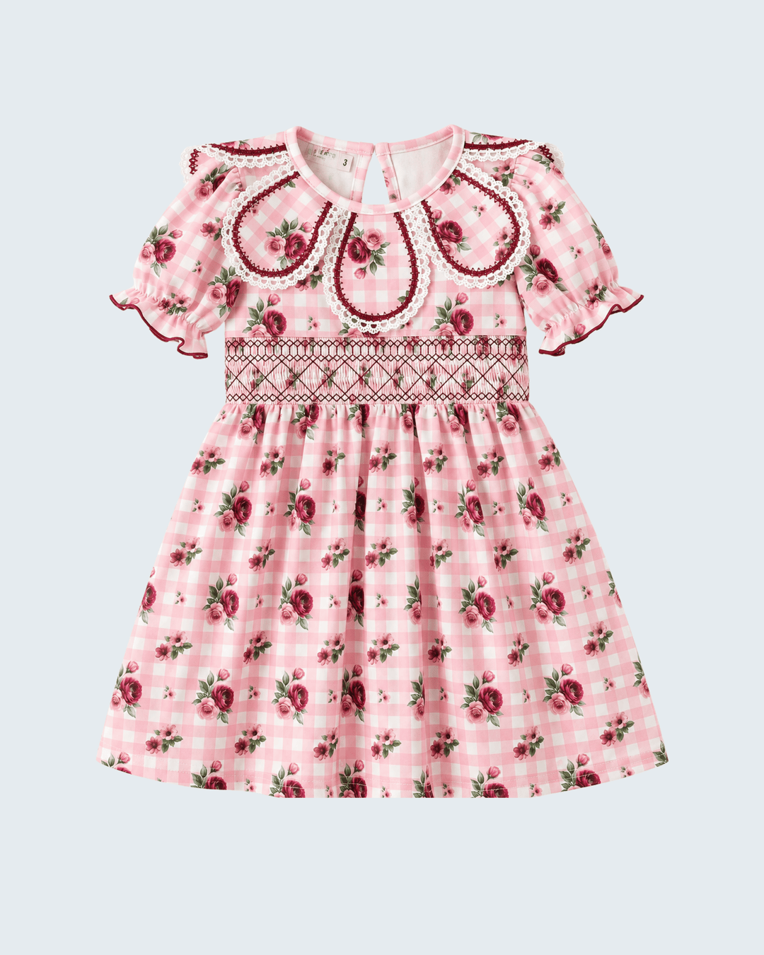 Pink check floral smocked dress with embroidered bib and ruffled cap sleeves