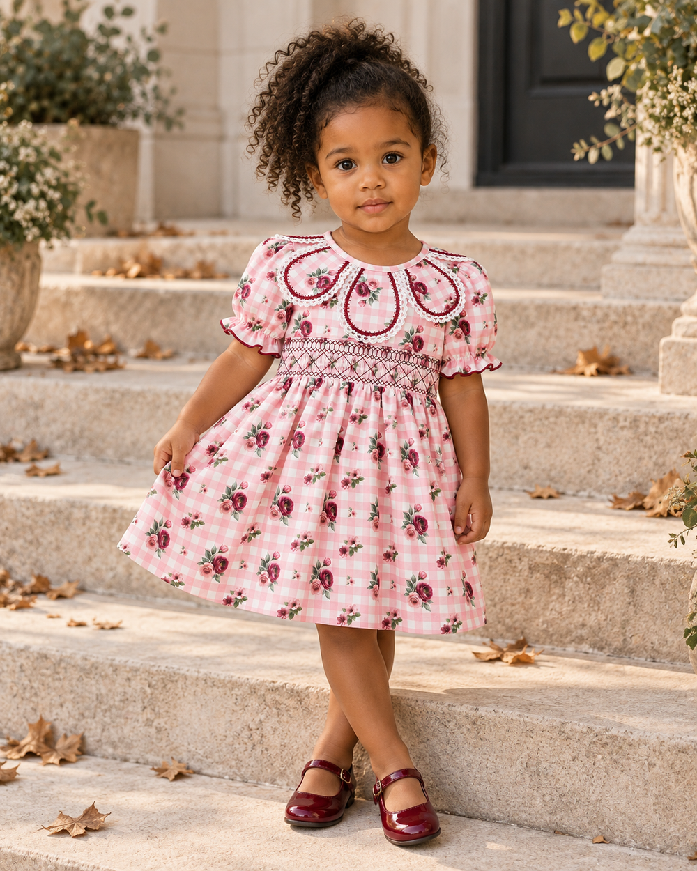 Pink floral check toddler dress with smocked yoke, embroidered collar, and short sleeves