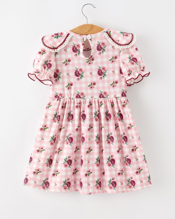 Pink gingham floral toddler dress with gathered skirt and scalloped lace trim