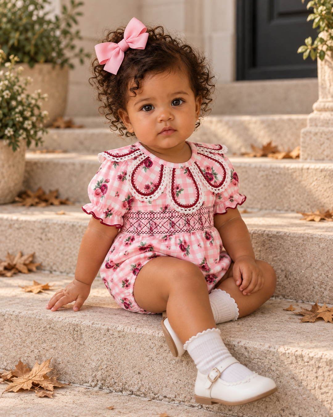 Pink floral baby romper with bow hair clip, embroidered yoke, ruffle sleeves, and shorts