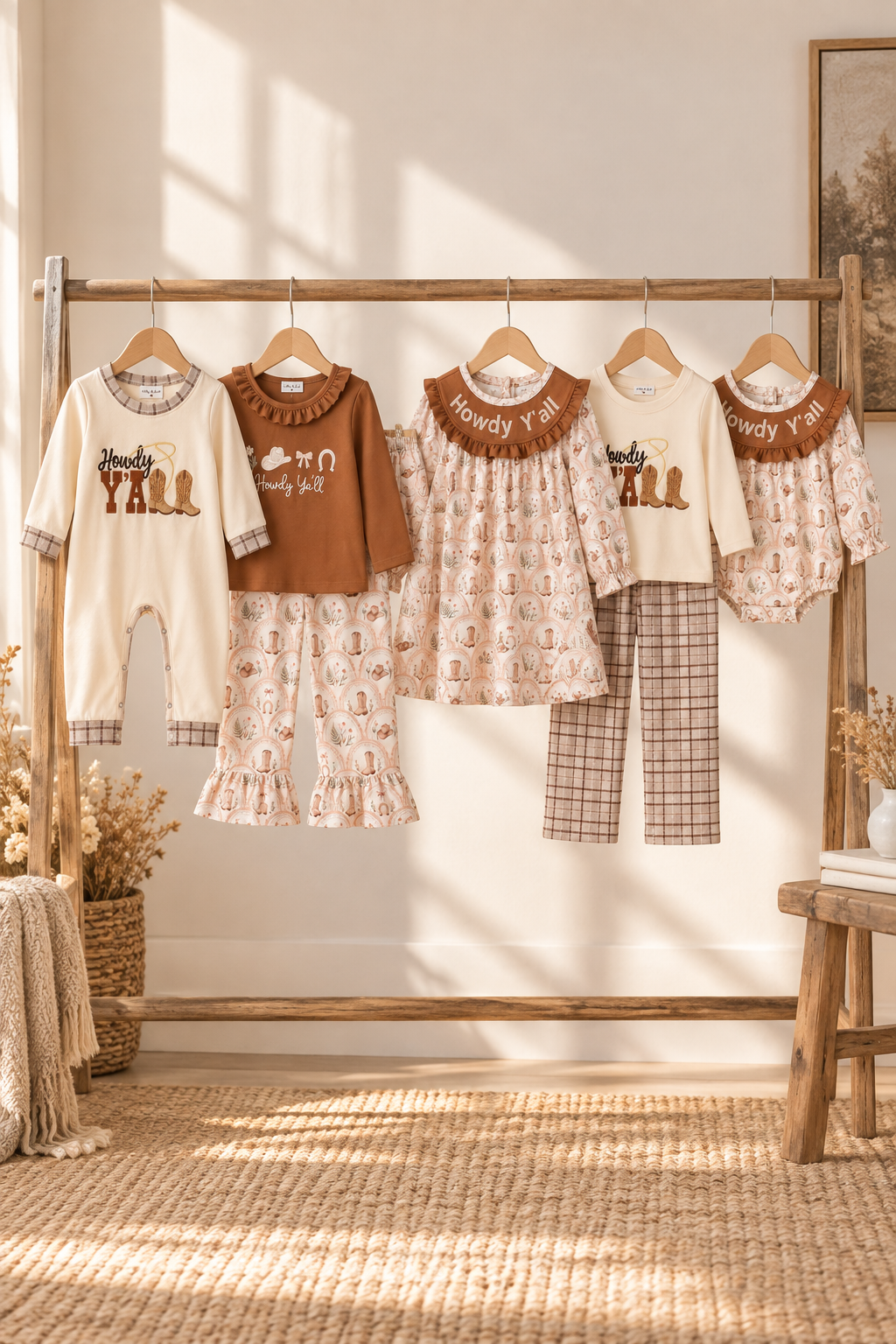 Fall children outfits on a wooden clothing rack