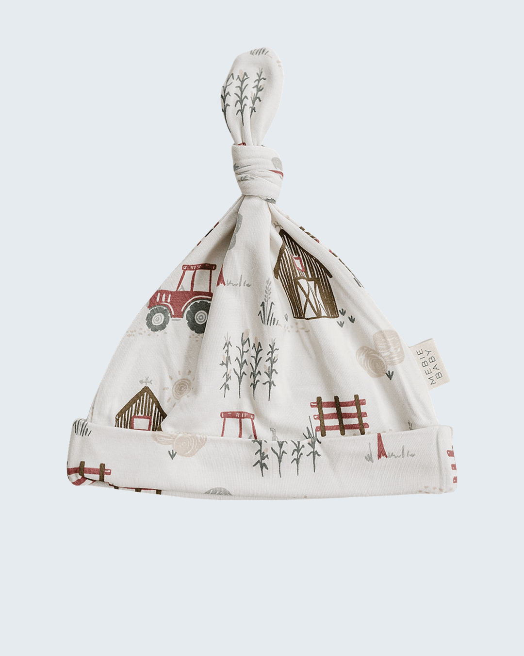 Farmhouse bamboo newborn knot hat, white with farm house and animal prints