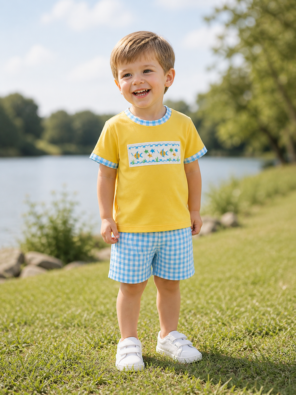 Child wearing a yellow shirt with a blue checkered pattern and white shoes, standing on grass by a lake.