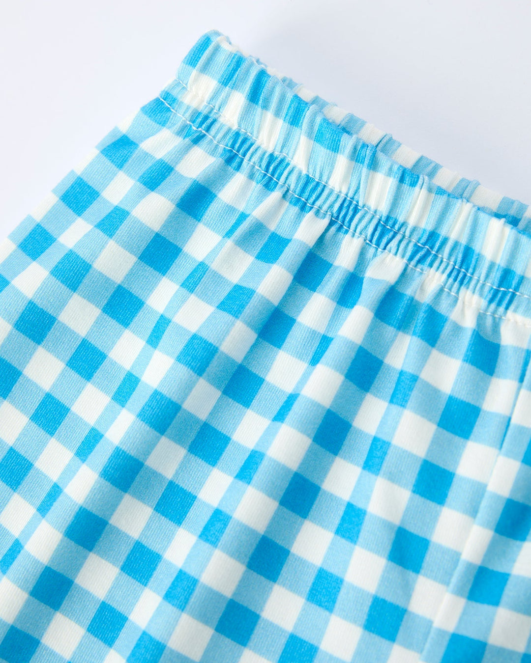 Blue and white checkered fabric on a light gray background