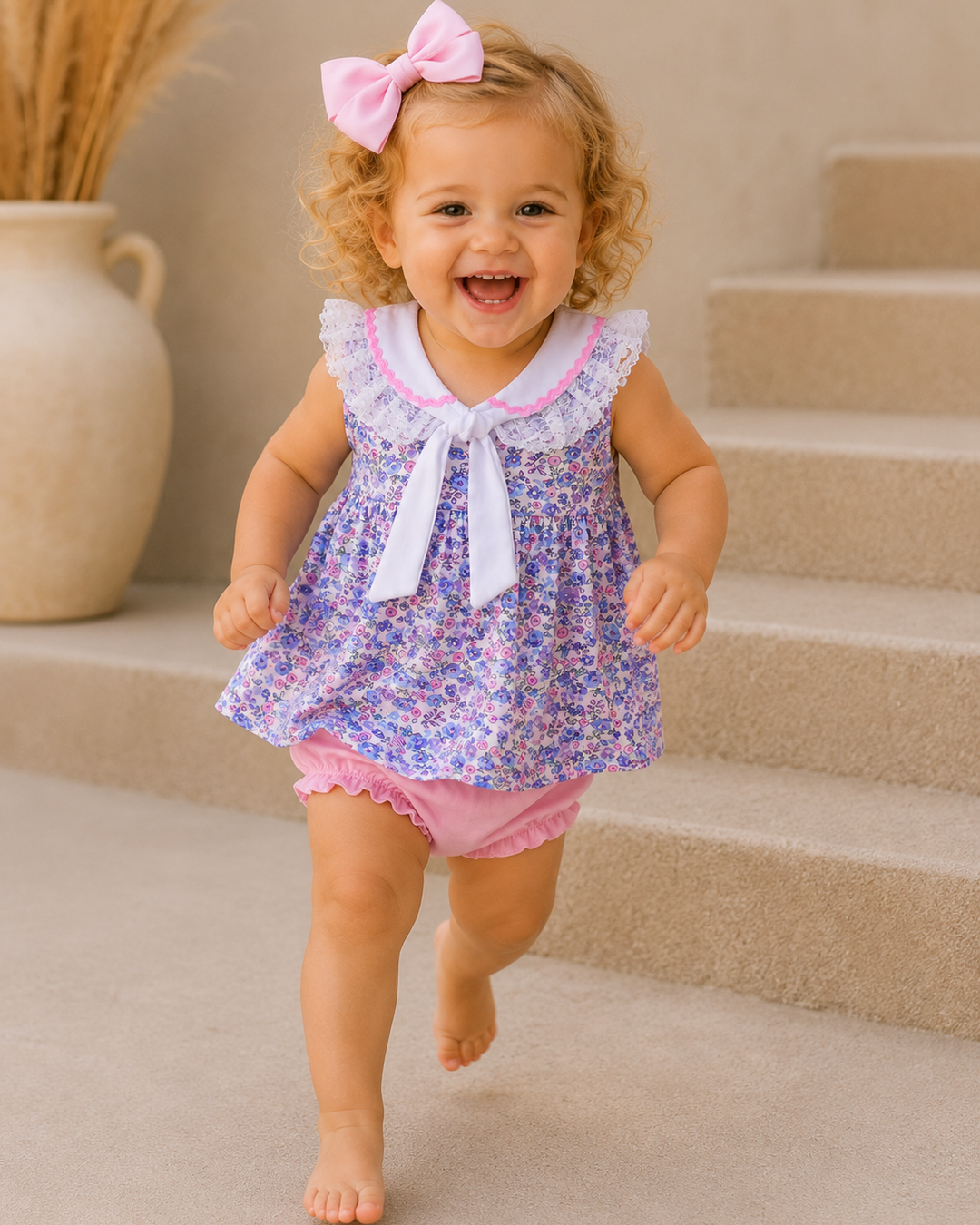 Child in a floral dress with a pink bow running on stairs