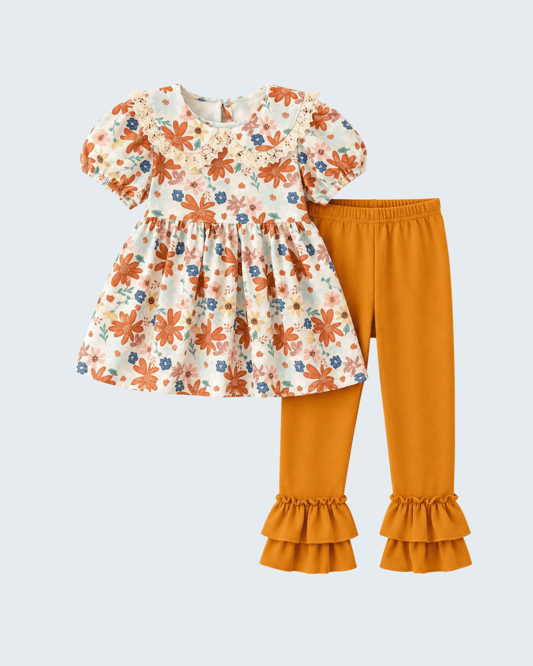 Floral puff-sleeve top with lace collar and ruffle-cuff pants set, orange floral
