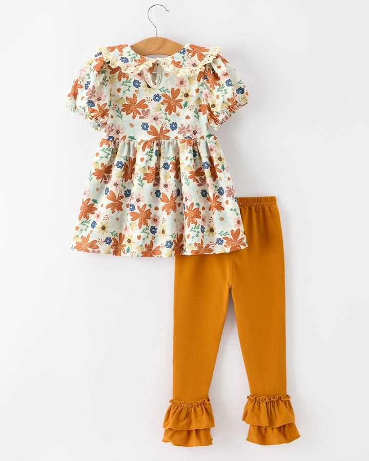 Girls floral outfit set: puff-sleeve lace-collar dress with mustard pants and ruffle cuffs