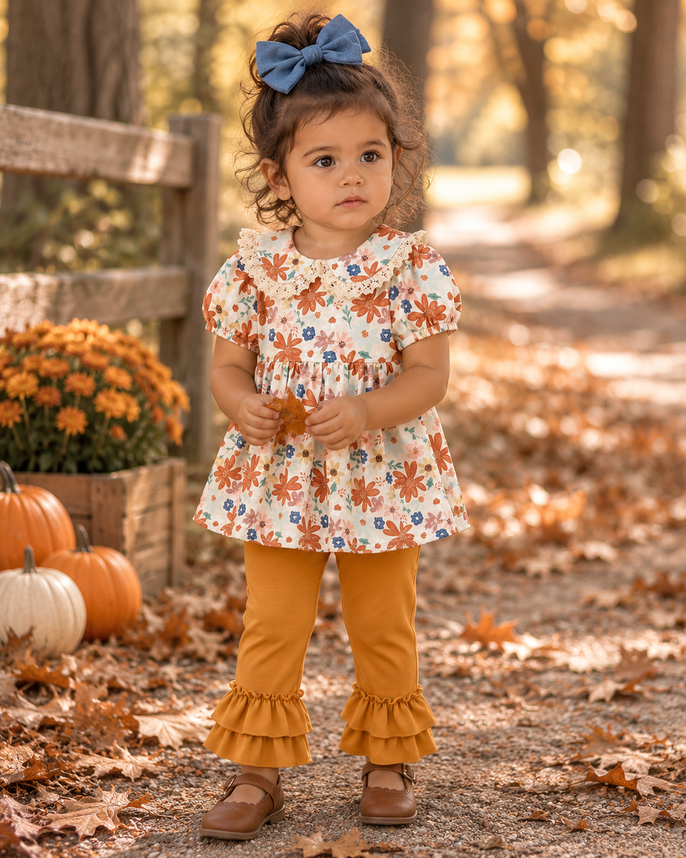 Child wearing floral puff-sleeve lace-collar top with mustard ruffle-cuff pants