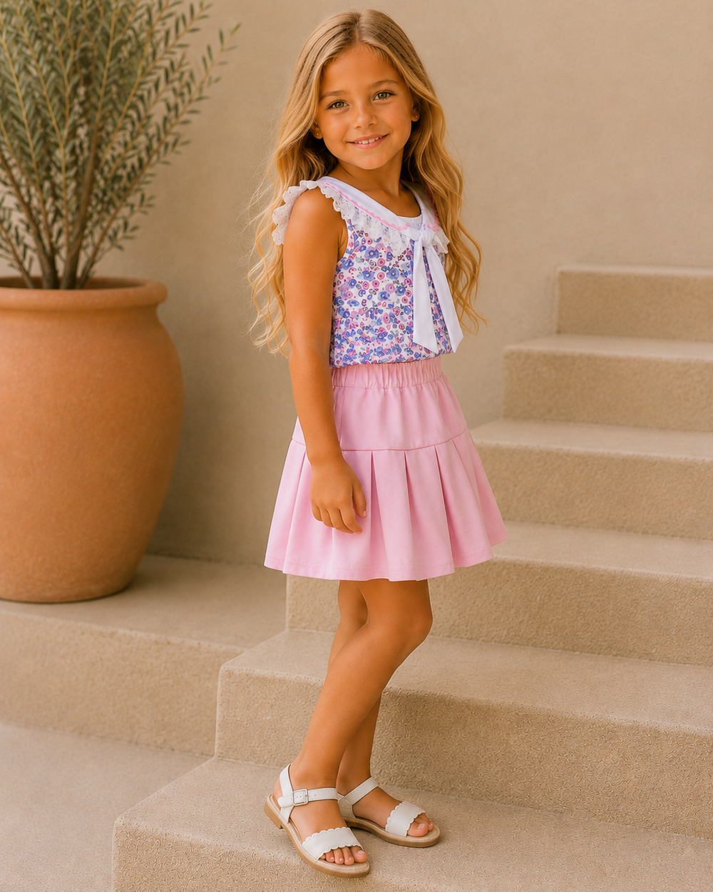 Young girl in a floral top and pink skirt standing on steps with a plant in the background