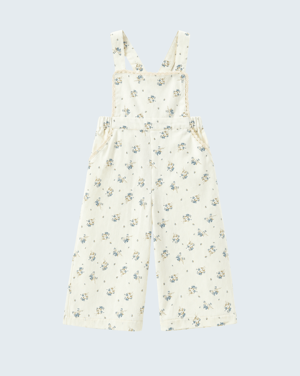 Floral Print Lace Trim Wide Leg Jumpsuit on grey background