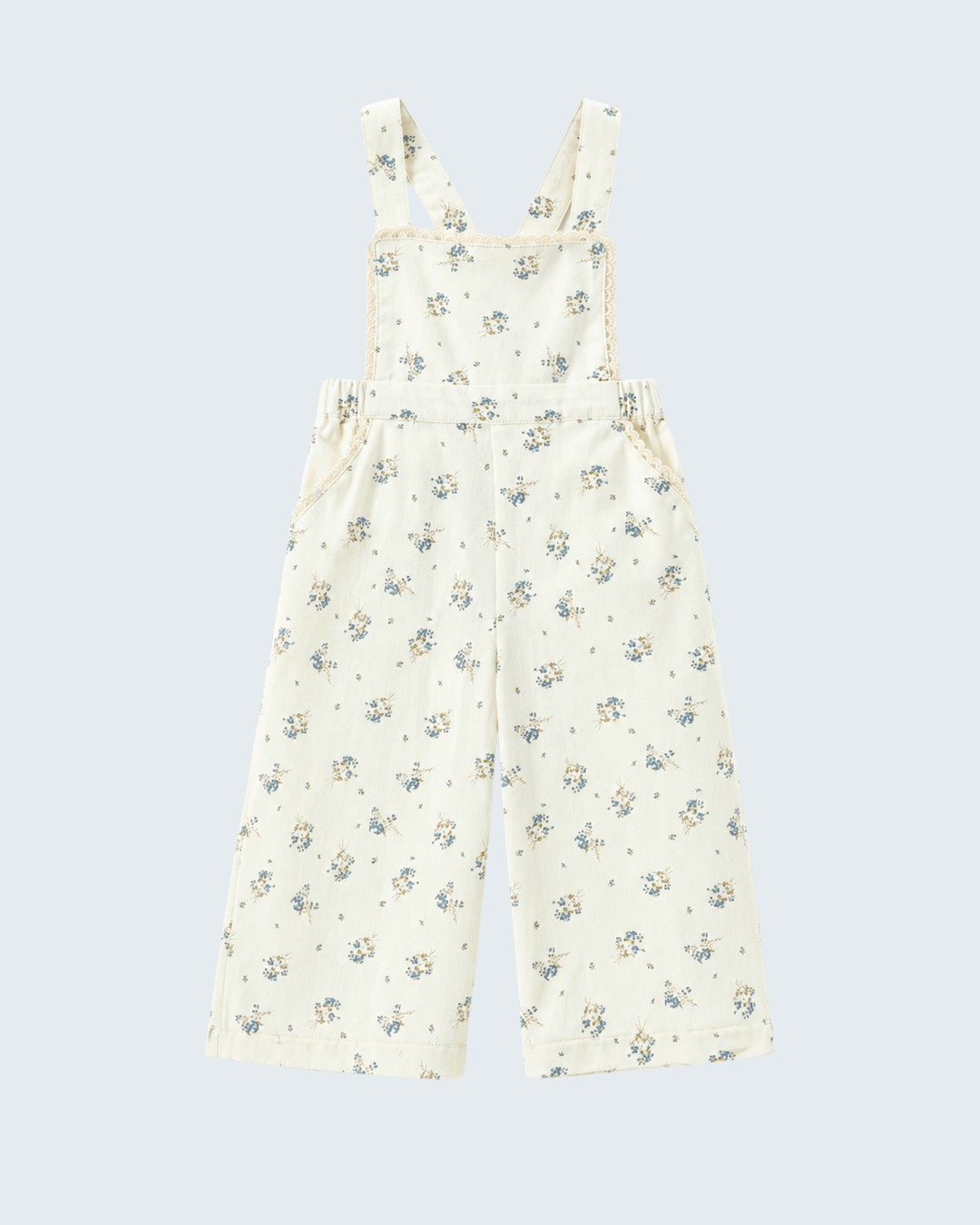 Floral Print Lace Trim Wide Leg Jumpsuit on grey background