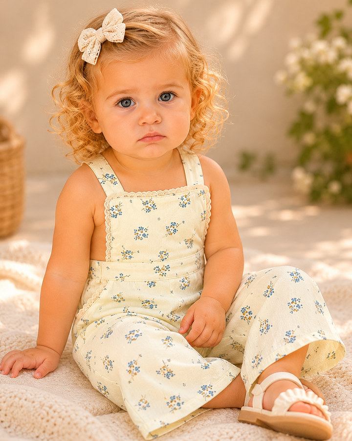 Young child wearing a floral dress sitting on a soft surface with a blurred natural background