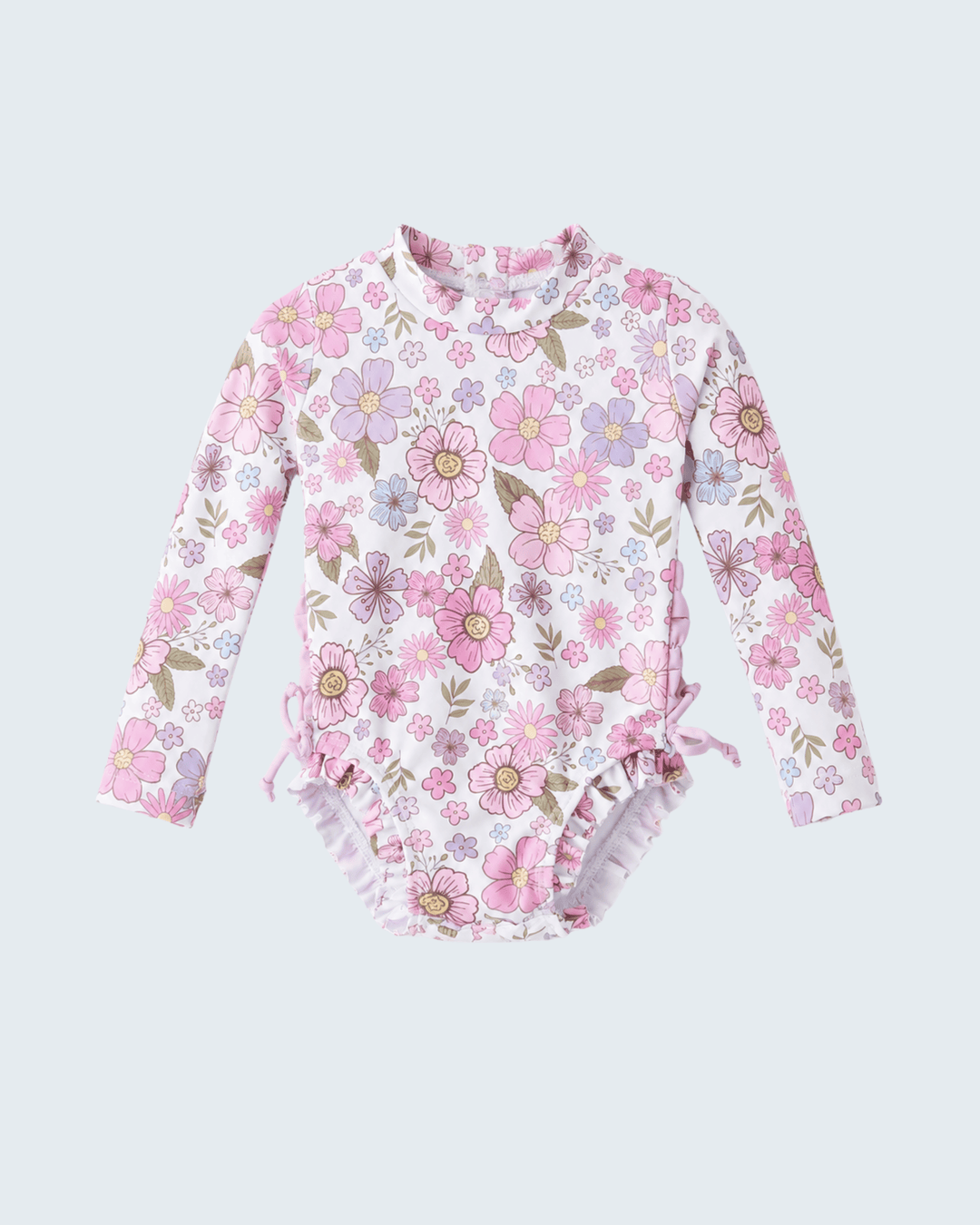 Floral-patterned baby swimsuit on a light gray background