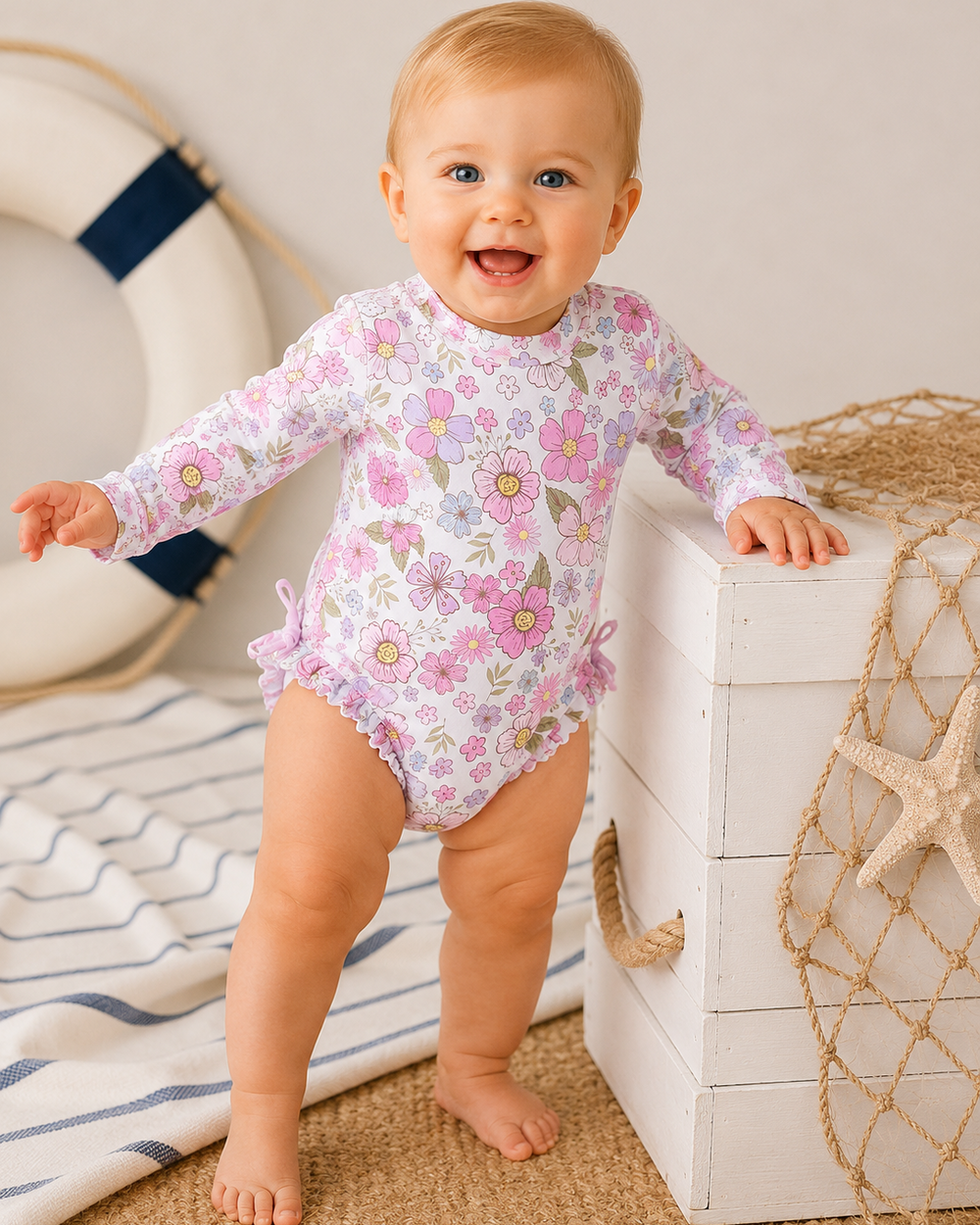 Baby in a floral swimsuit standing on a wooden block with nautical decor in the background.