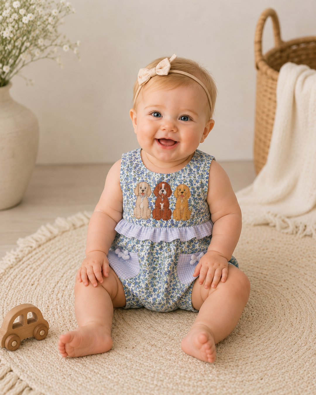 Baby wearing a floral romper with dog illustrations, sitting on a textured surface.
