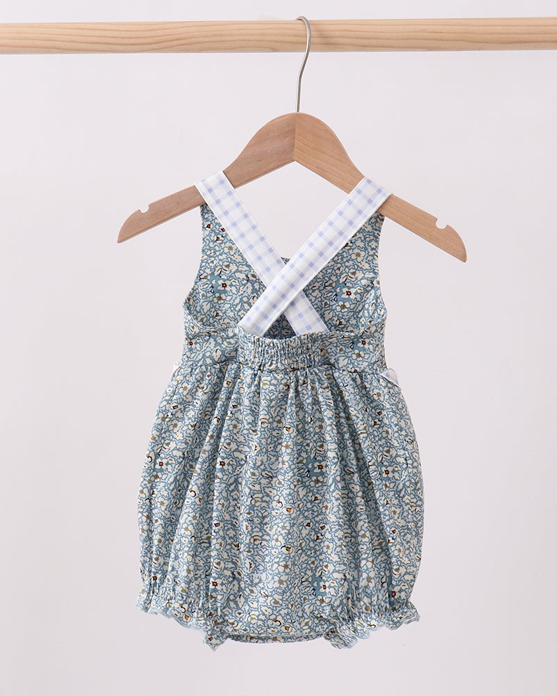 Girls romper with gingham straps. floral fabric