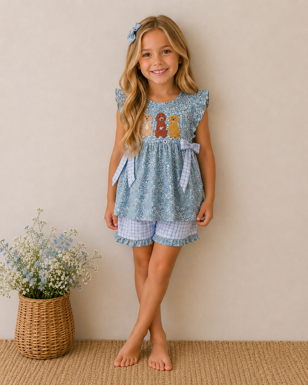 Young girl in a blue floral dress and shorts standing against a beige wall with a basket of flowers on the floor.