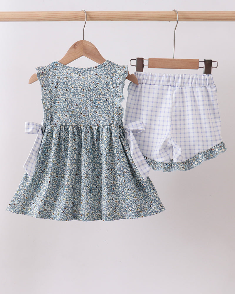 Floral Puppy Embroidered Ruffle Shorts Set on hangers