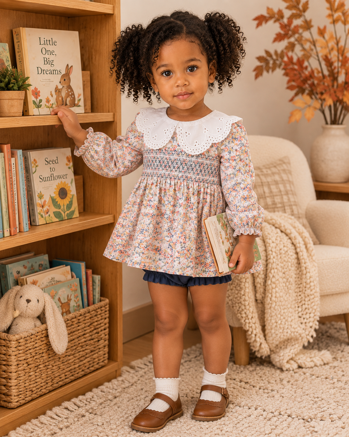 Toddler girl is wearing a Floral Smocked Lace Bloomer Set