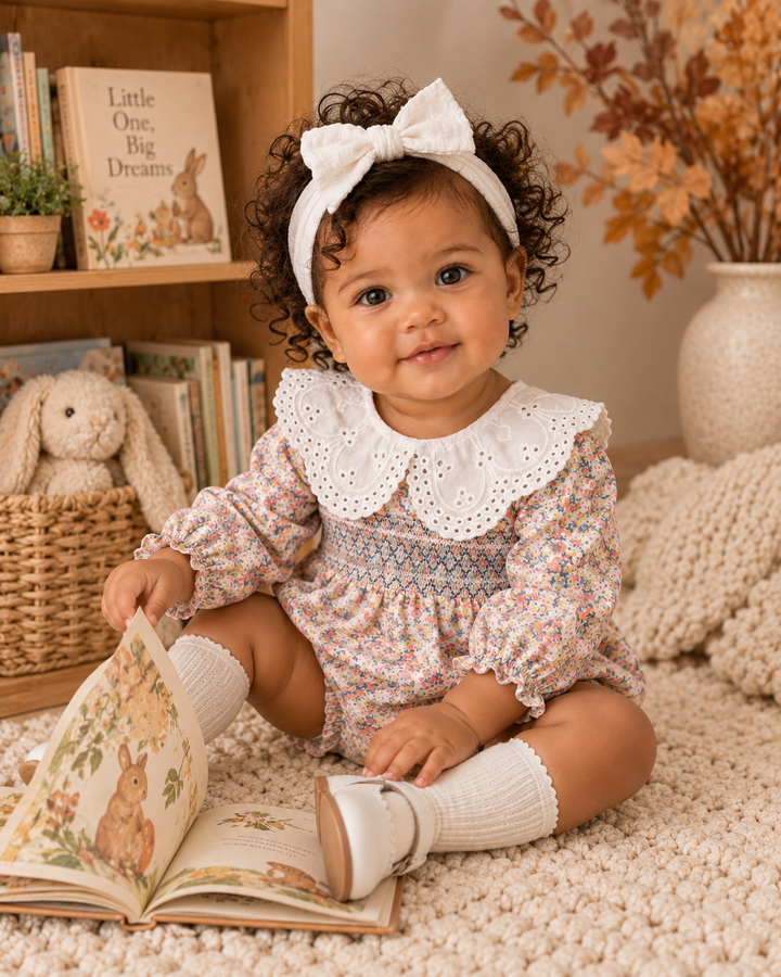 Baby girl is wearing a Floral Smocked Lace Bubble Romper