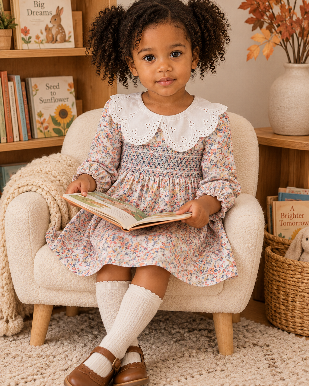 Toddler girl is wearing a Floral Smocked Lace Collar Dress