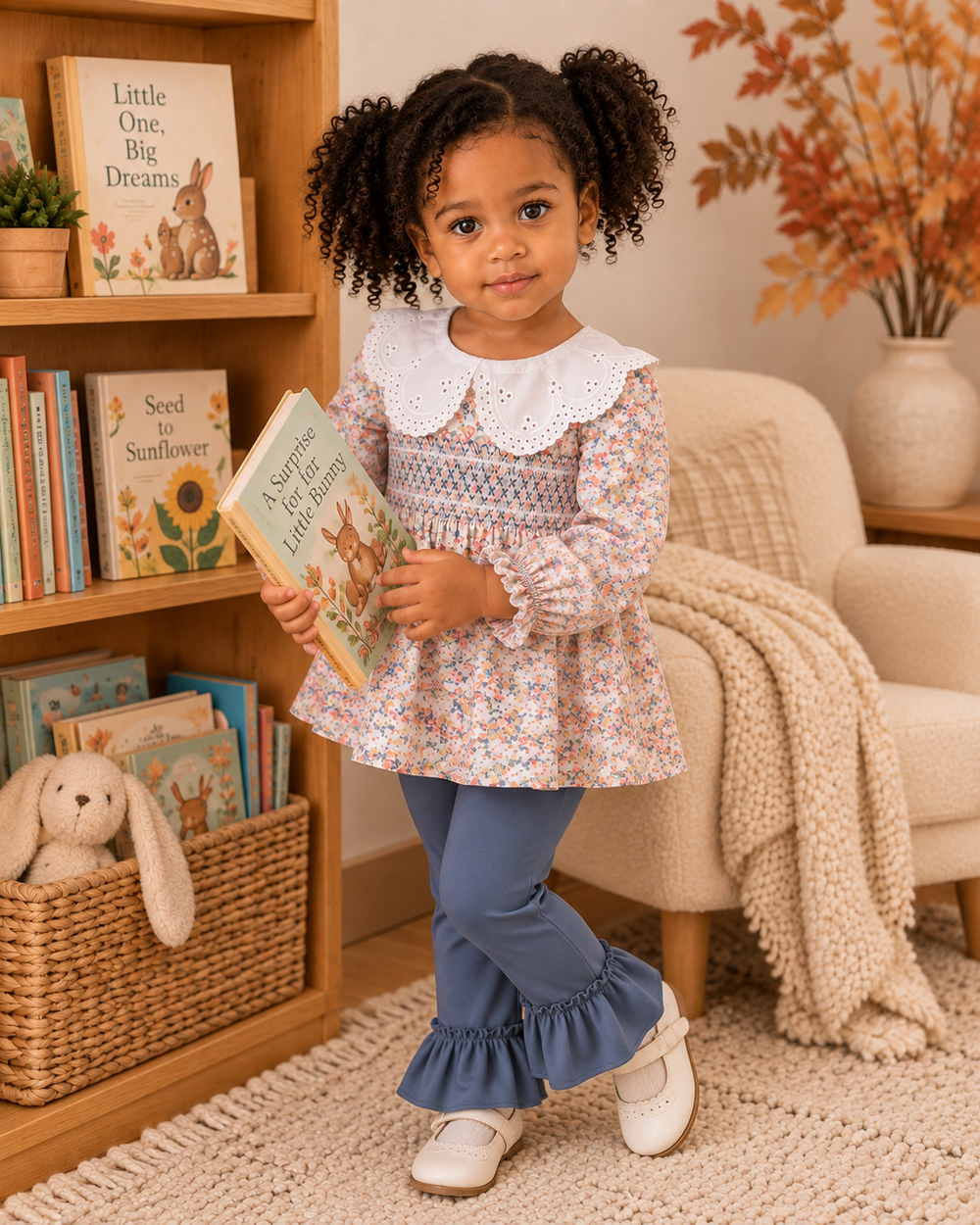Toddler girl is wearing a Floral Smocked Lace Ruffle Pants Set