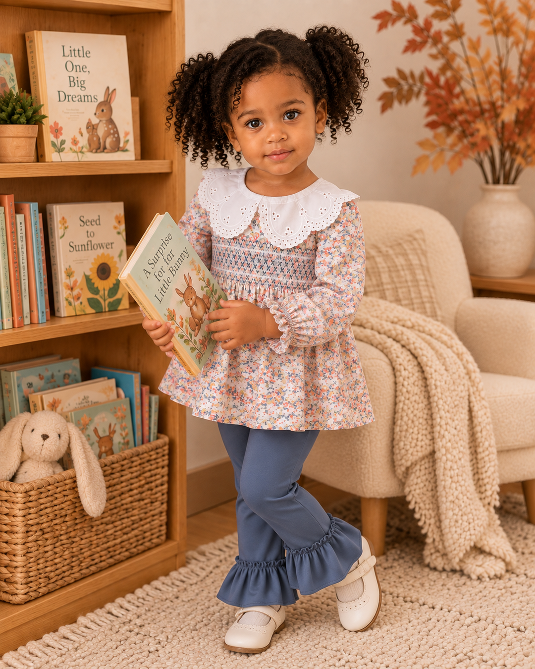Toddler girl is wearing a Floral Smocked Lace Ruffle Pants Set