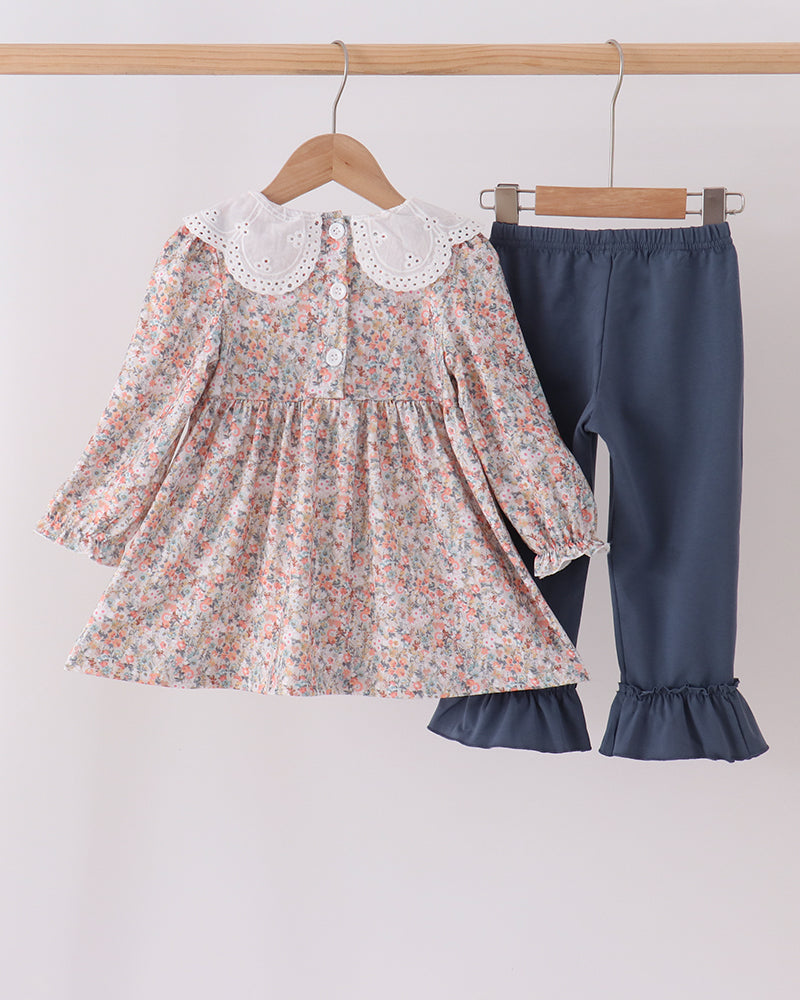 Floral Smocked Lace Ruffle Pants Set
