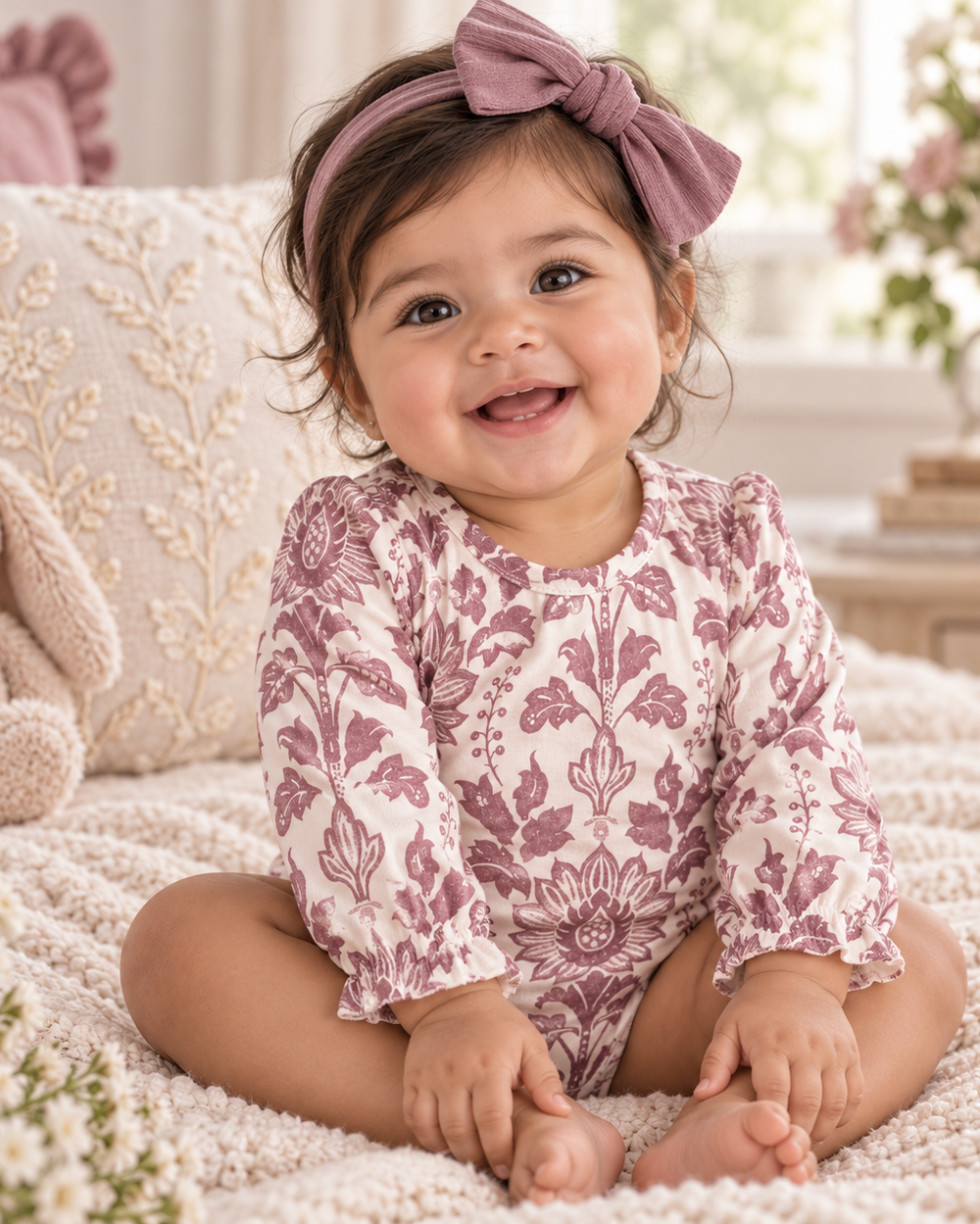 Long-sleeve baby bodysuit with mauve floral tapestry print and bow headband