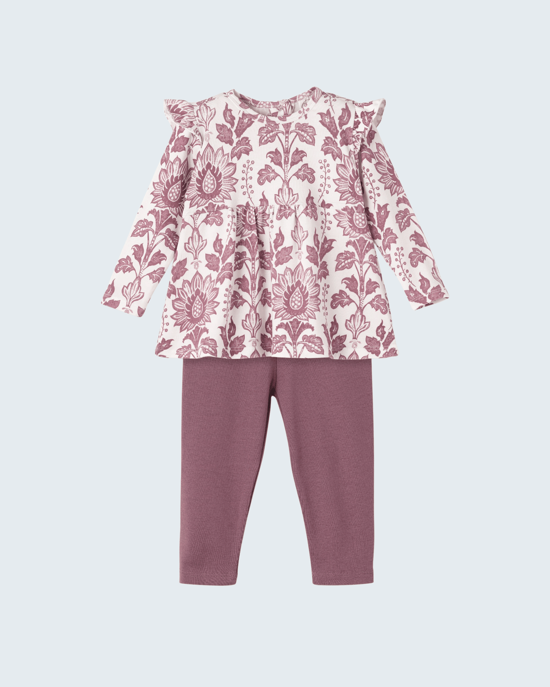 Floral tapestry bamboo top and cotton pants set with long-sleeve tunic and mauve leggings