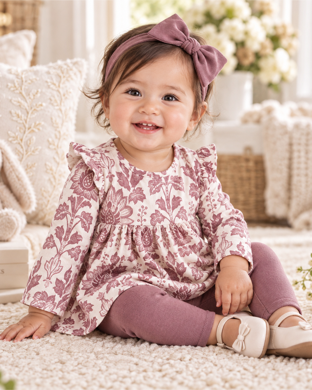 Baby girl floral long-sleeve top and mauve leggings set, with bow headband